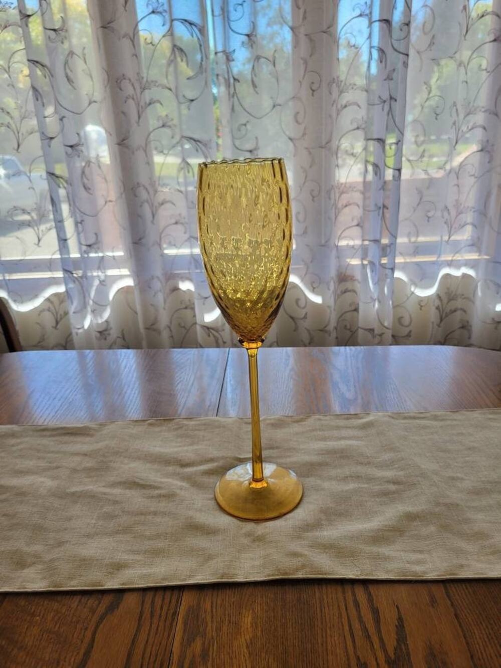 Vintage Amber Empoli Glass Goblet 17.25" Diamond Optic Mid Century Italian Vase